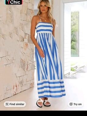 Blue and White Striped Spaghetti Strap Maxi Dress